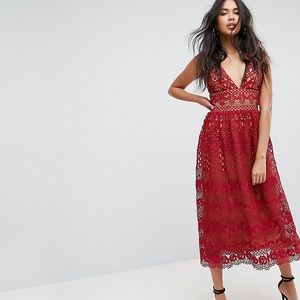 ASOS Red lace midi dress, worn once. Size 6 / UK 38. Great wedding guest dress.
